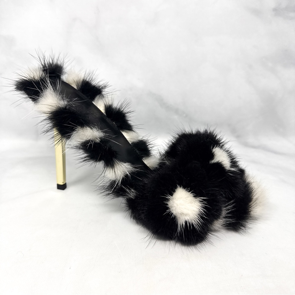 Jennifer Le Daisy Flower Mink Fur Open Toe Slide Mule Stiletto Sandal Heels 70s